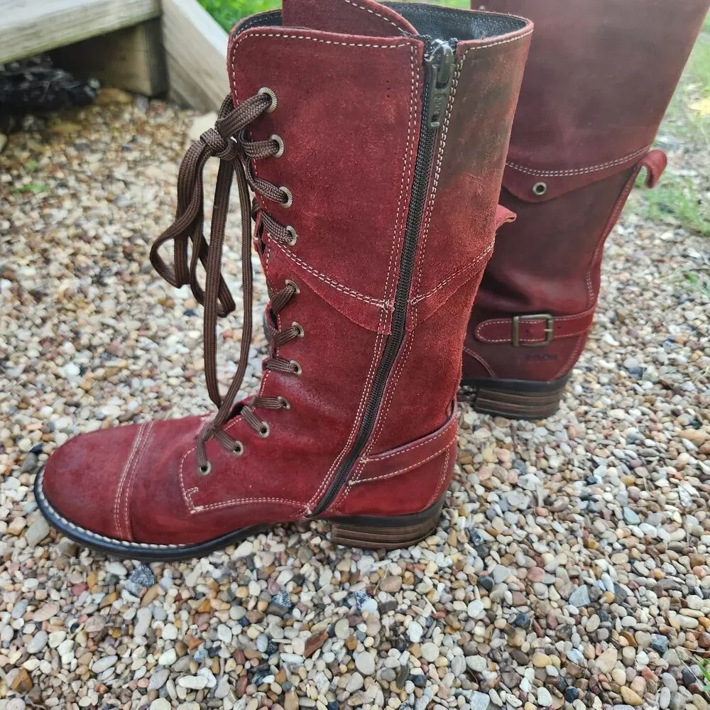 TAOS Tall Crave Red Suede Lace Up Side Zip Boots Women's  US 8 - 8.5 / EU 39 Tag